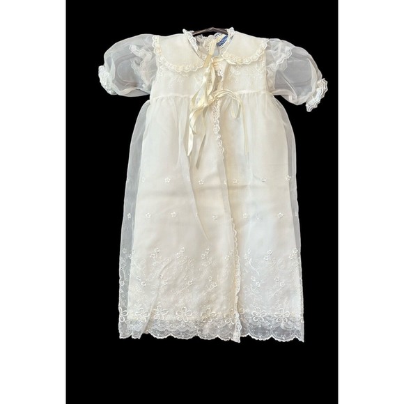 Vtg Phyllis Baby Wear Christening Dress Set White Embroidery Floral Gown Bonnet - Picture 4 of 16